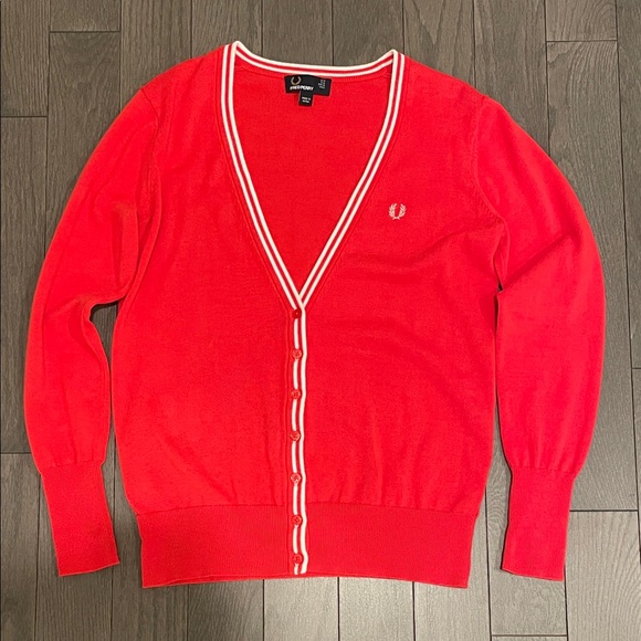 Fred Perry Vivid Red Cardigan with White Trim - Picture 1 of 6